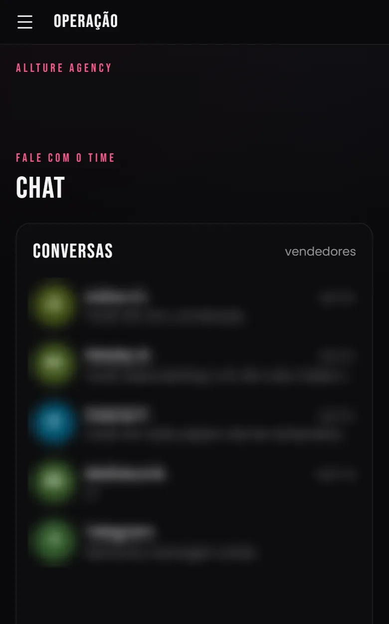 Tela do chat interno: conversas com quem vende por ela, nomes e mensagens cobertos.